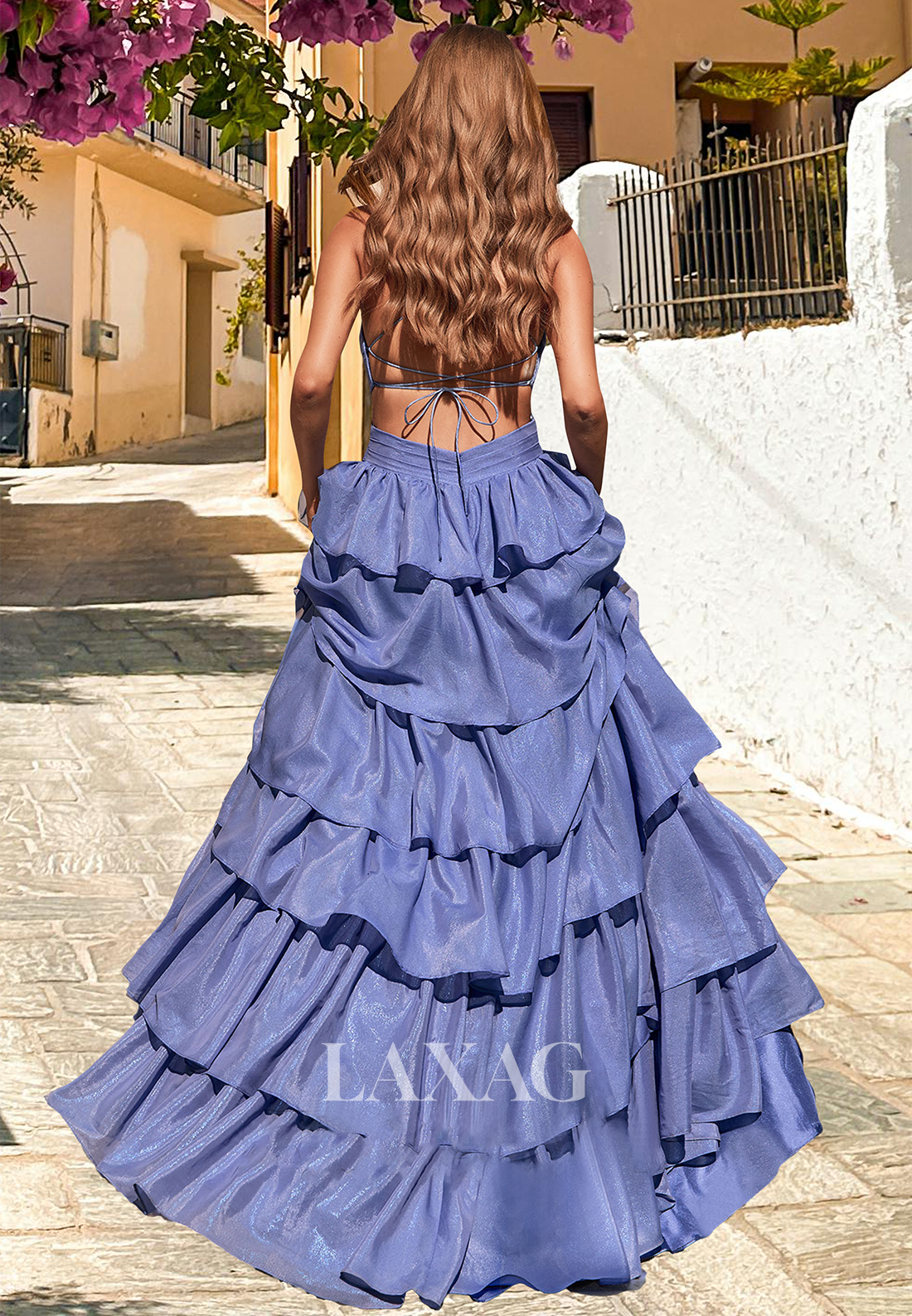 V-Neck Spaghetti Straps Sleeveless Off-Shoulder Party Gowns Pleated Tiered Chiffon A-Line Prom Dress