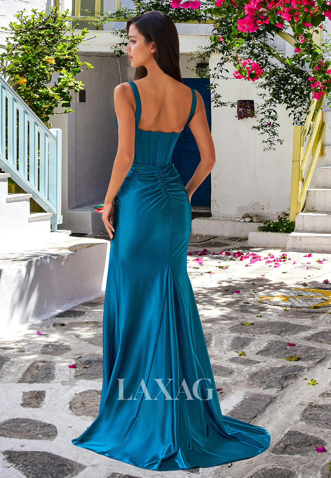 Square-Neck Spaghetti Straps Off-Shoulder Sleeveless Pleated Mermaid Prom Dress with Sweep Train