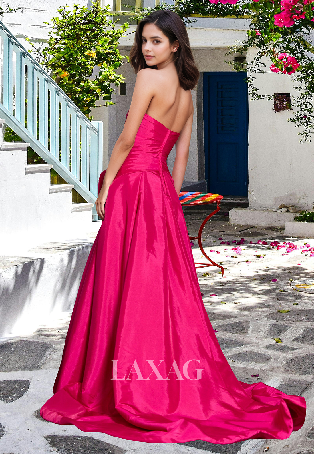 Tube Top Off-Shoulder Sleeveless A-Line Prom Dress Pleated Satin Formal Evening Gowns with High Slit