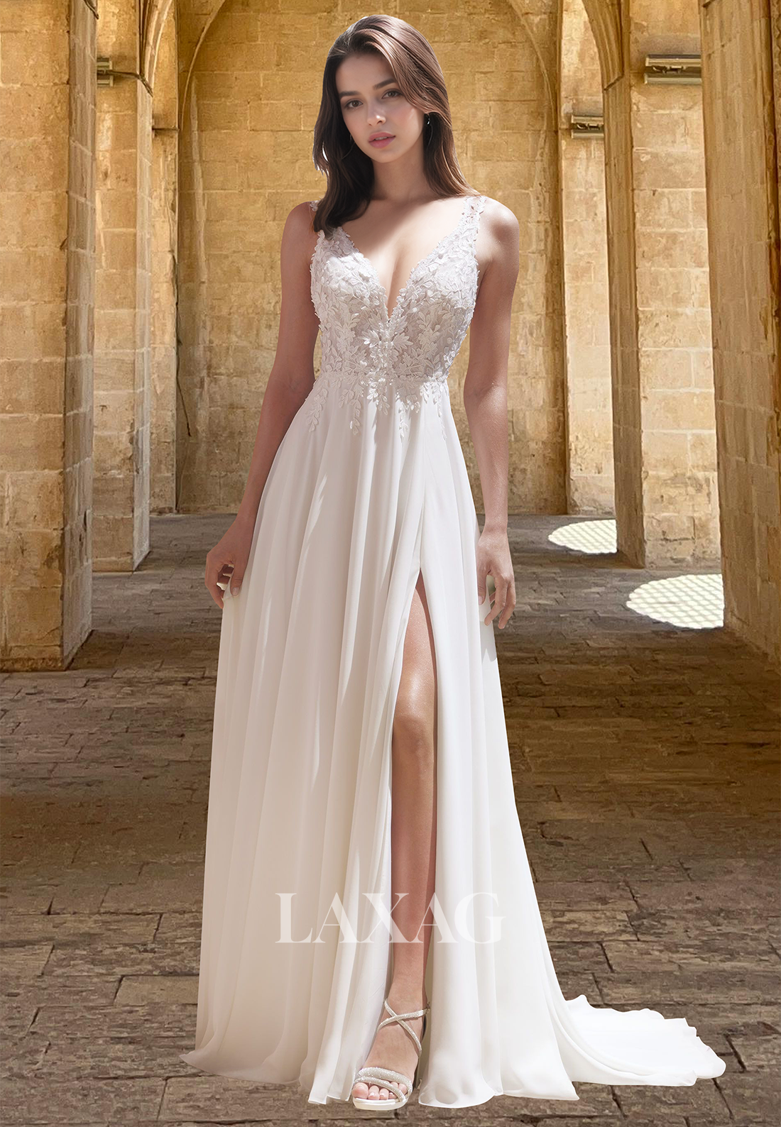 Spaghetti Straps Deep V-Neck Sleeveless Beaded Bride Gowns Lace Appliq Laxag Spaghetti Straps Deep V-Neck Sleeveless Beaded Bride Gowns Lace Appliq Laxag