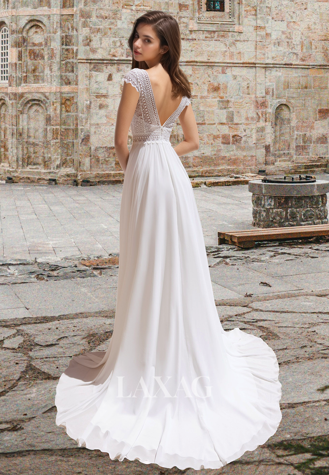 Lace Applique Cutout Pleated Bride Gowns Deep V-Neck Cap-Sleeves Chiffon A-Line Wedding Dress