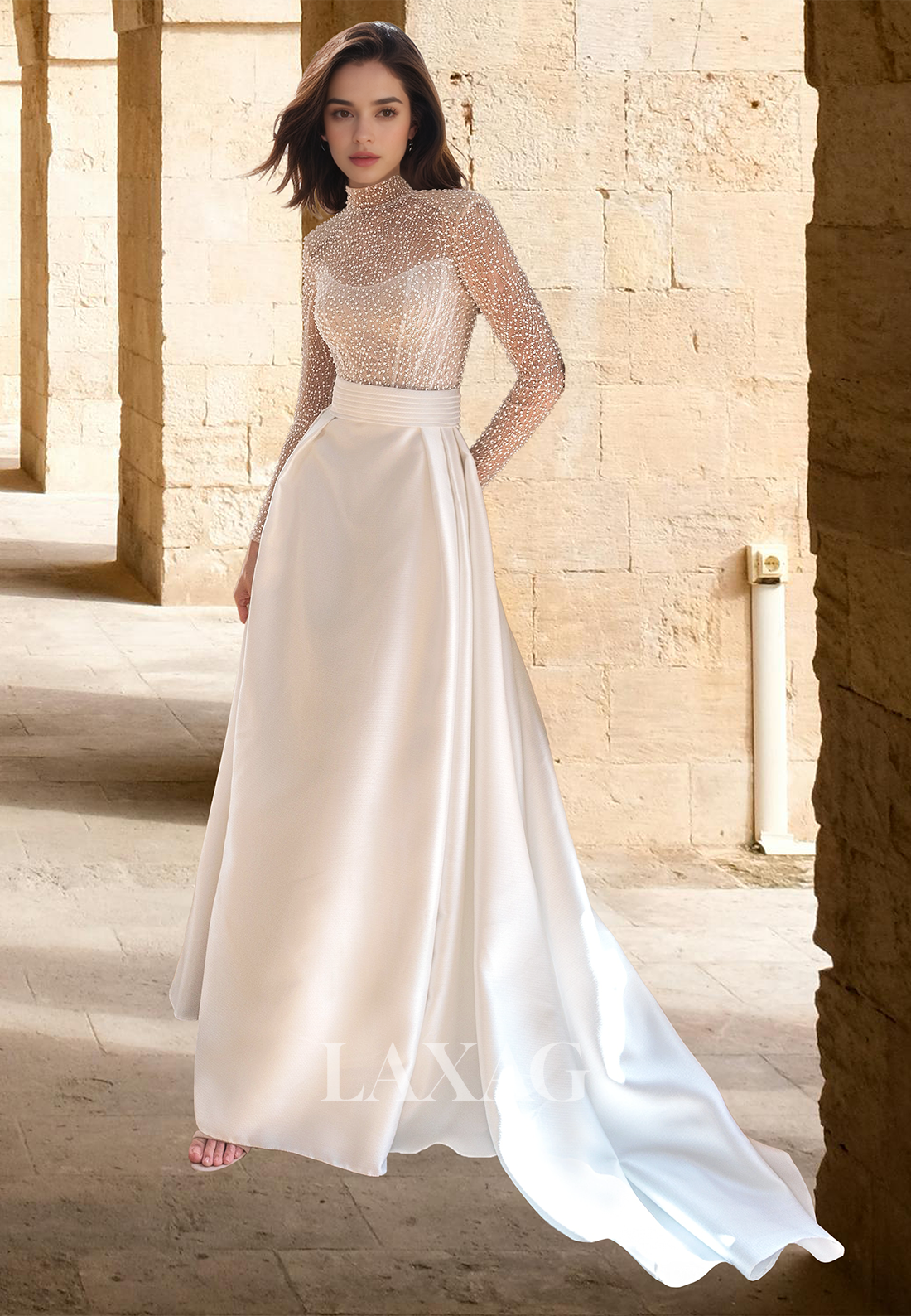 High Scoop-Neck Long-Sleeves A-Line Wedding Dress Beaded Pleated Satin Laxag High Scoop-Neck Long-Sleeves A-Line Wedding Dress Beaded Pleated Satin Laxag