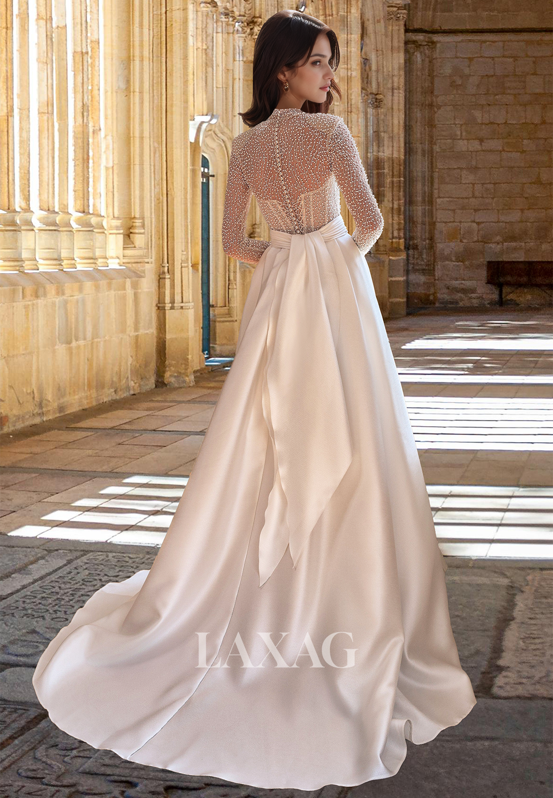 High Scoop-Neck Long-Sleeves A-Line Wedding Dress Beaded Pleated Satin Sweep Train Bride Gowns