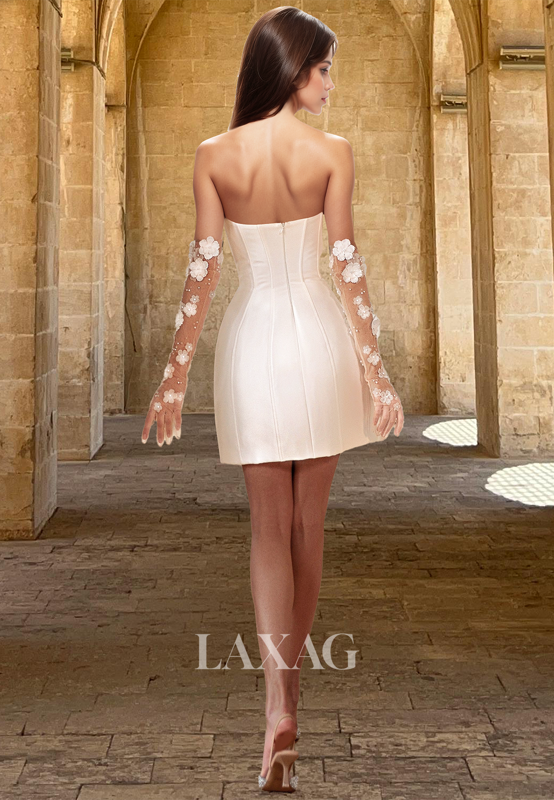 Sweetheart Off-Shoulder Sleeveless Beaded Satin Short Mermaid Wedding Dress with Tulle Gloves