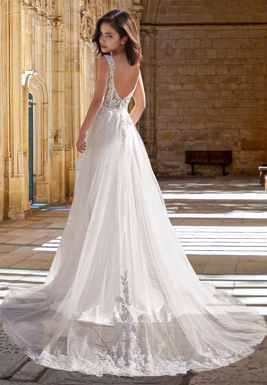 V-Neck Straps Sleeveless Satin Bride Gowns Lace Applique Mermaid Wedding Dress with Tulle Overskirt