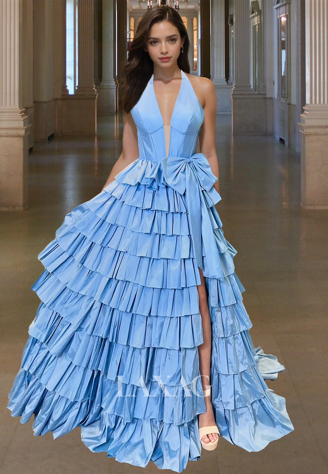 Halter Deep V-Neck Off-Shoulder Sleeveless A-Line Prom Dress Pleated T Laxag Halter Deep V-Neck Off-Shoulder Sleeveless A-Line Prom Dress Pleated T Laxag