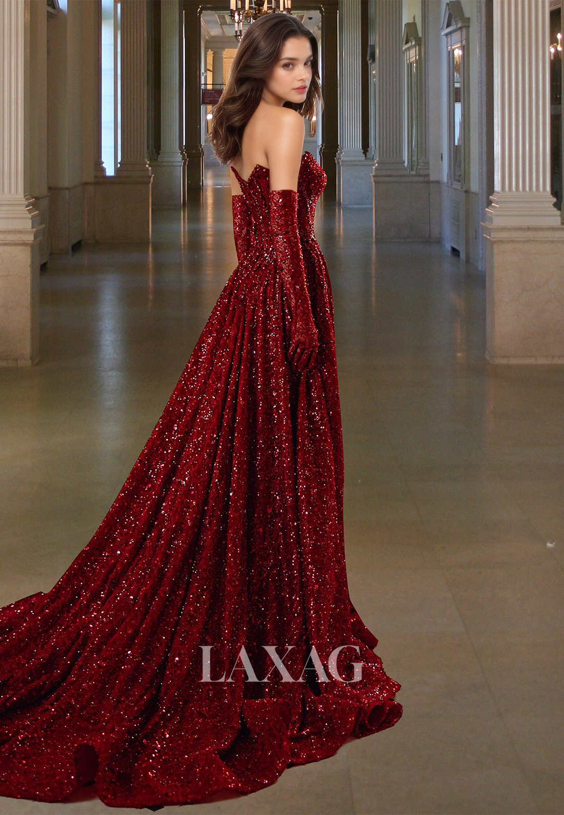 Sweetheart Off-Shoulder Sleeveless Party Gowns Fully Sequined Pleated A-Line Prom Dress with Gloves