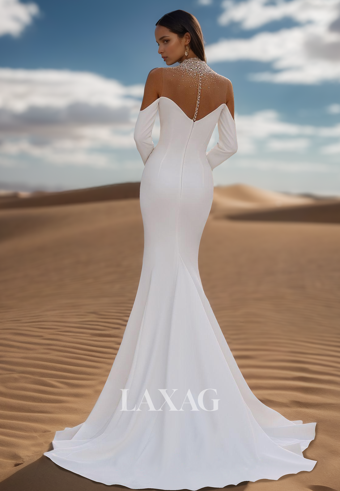 Beaded High-Neck Sweetheart Long Sleeves Bride Gowns Pleated Sweep Train Satin Mermaid Wedding Dress