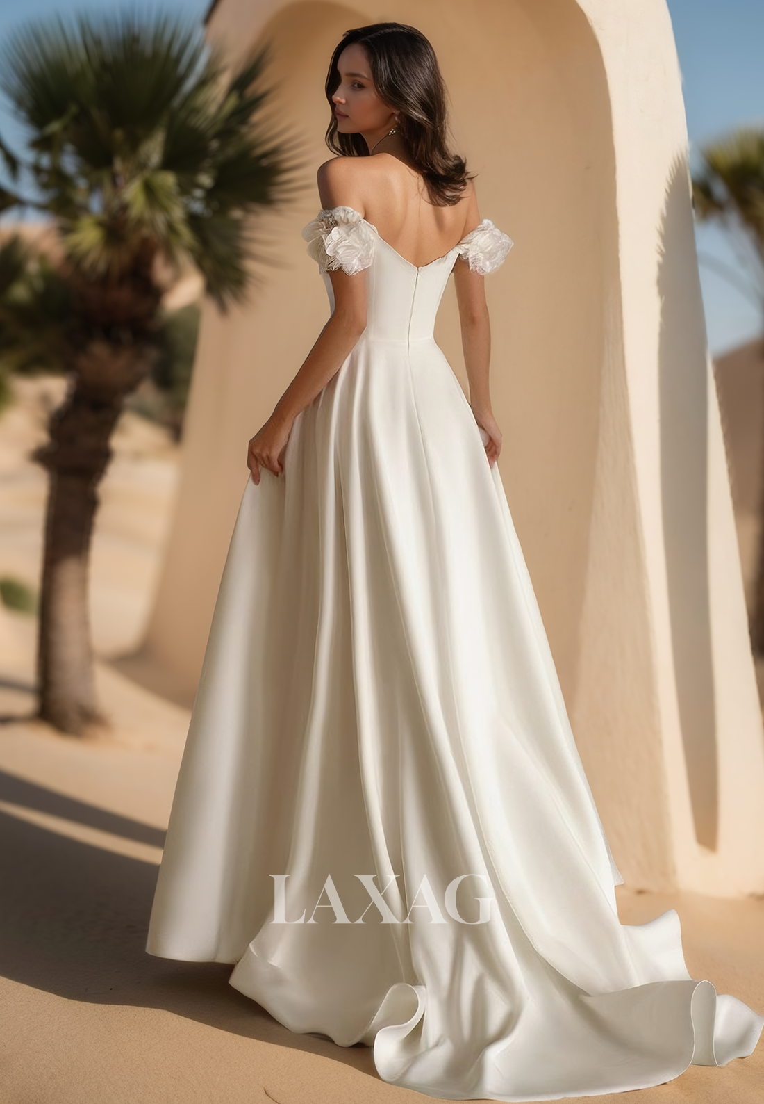 V-Neck Off-Shoulder Sleeveless Satin Bride Gowns Pleated Satin A-Line Wedding Dress