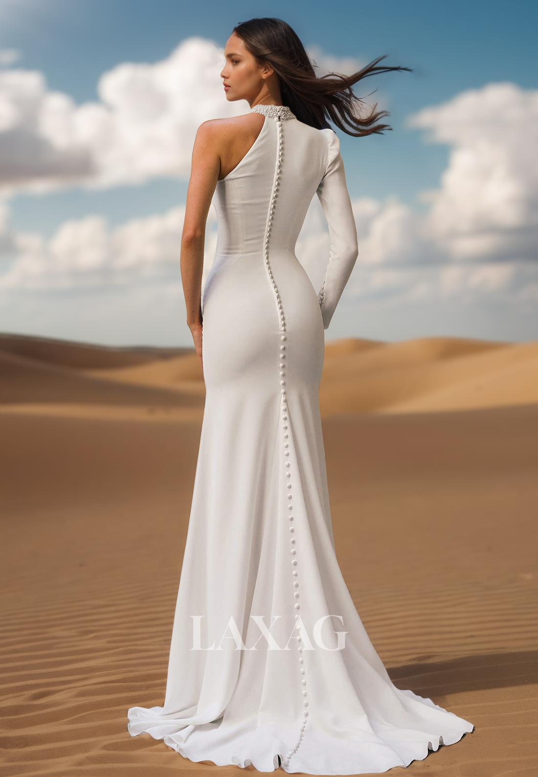 Beaded High-Neck One-Long-Sleeve Off-Shoulder Pleated Sweep Train Satin Wedding Gowns