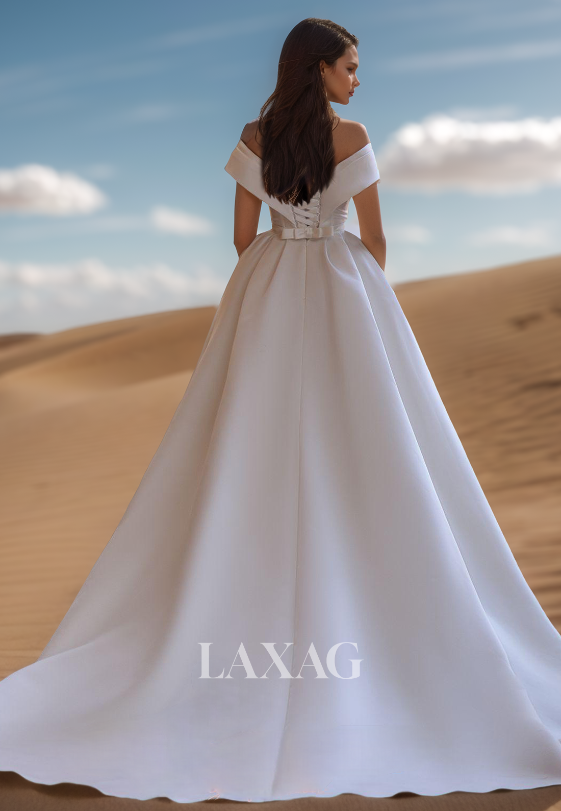 Simple V-Neck Off-Shoulder Sleeveless Pleated Sweep Train Satin A-Line Wedding Dress with High Slit