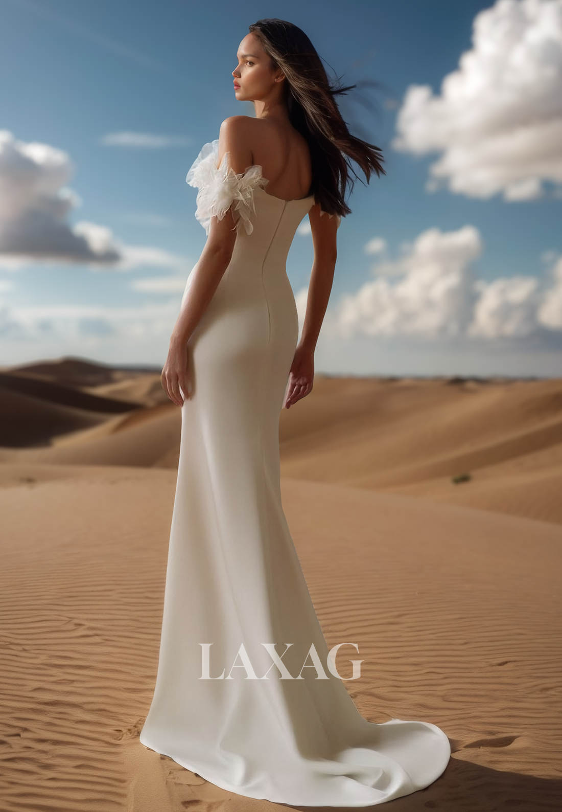 Off-Shoulder V-Neck Sleeveless Meramid Wedding Dress Pleated Satin High Slit Bride Gowns