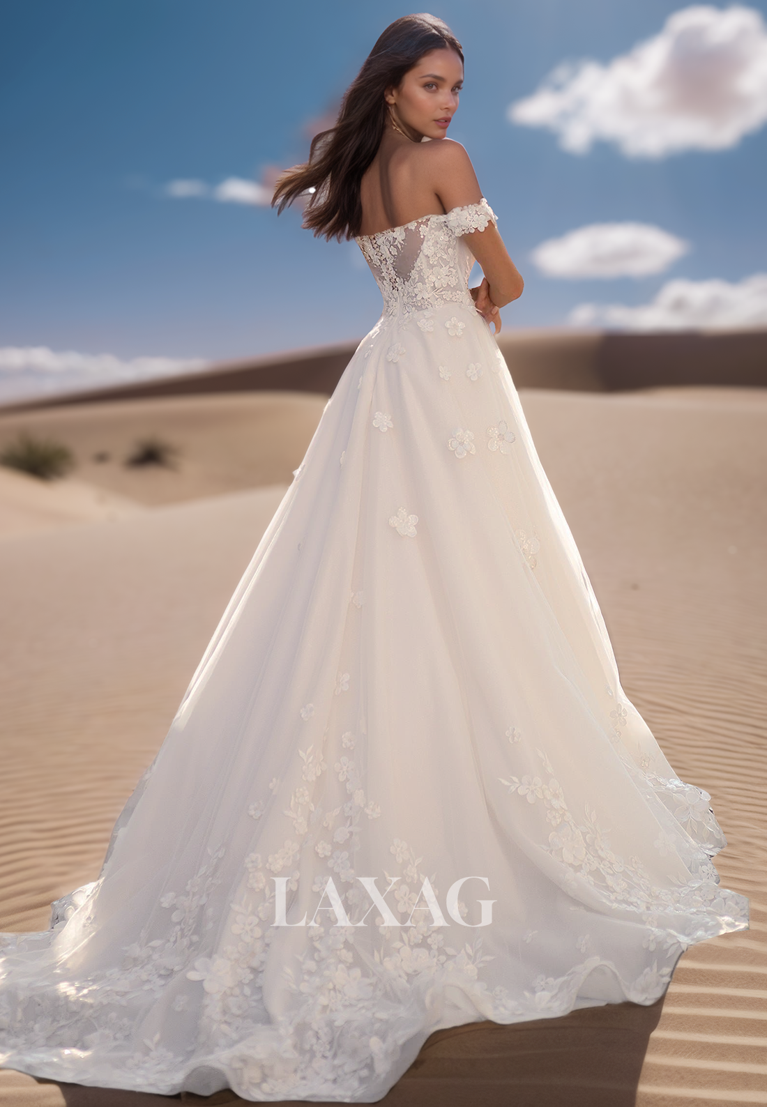 A-line Sweetheart Off-Shoulder Long-Sleeves Pleated Floral Embellished Beaded Tulle Wedding Dress