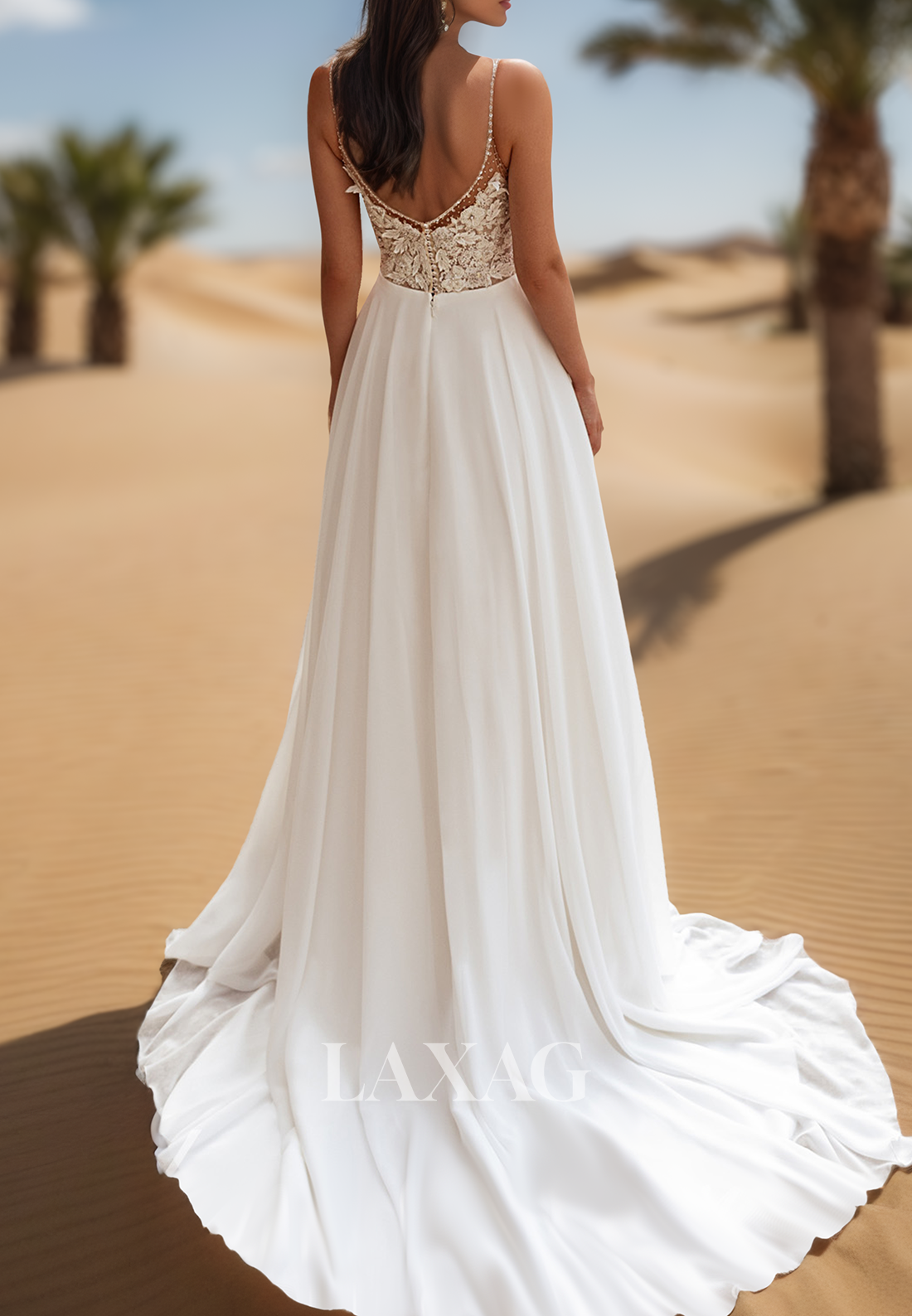 Spaghetti Straps V-Neck Sleeveless A-Line Wedding Dress Lace Applique Beaded Pleated Bride Gowns