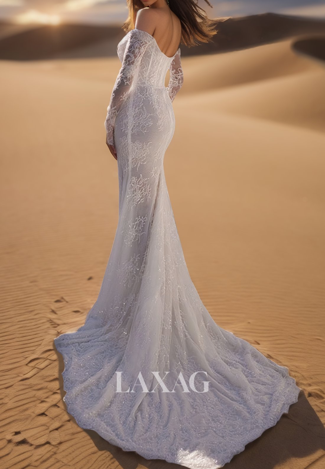 Sweetheart Long-Sleeves Allover Lace Applique Pleated Bride Gowns Off-Shoulder Mermaid Wedding Dress