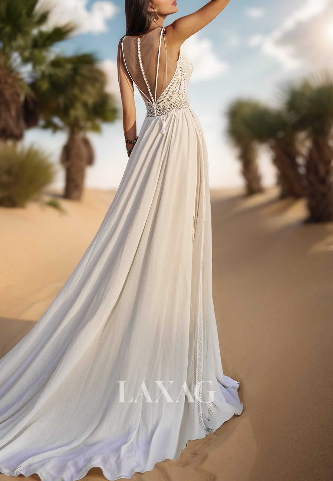 Spaghetti Straps Sleeveless A-Line Wedding Dress Deep V-Neck Lace Chiffon Pleated Bride Gowns