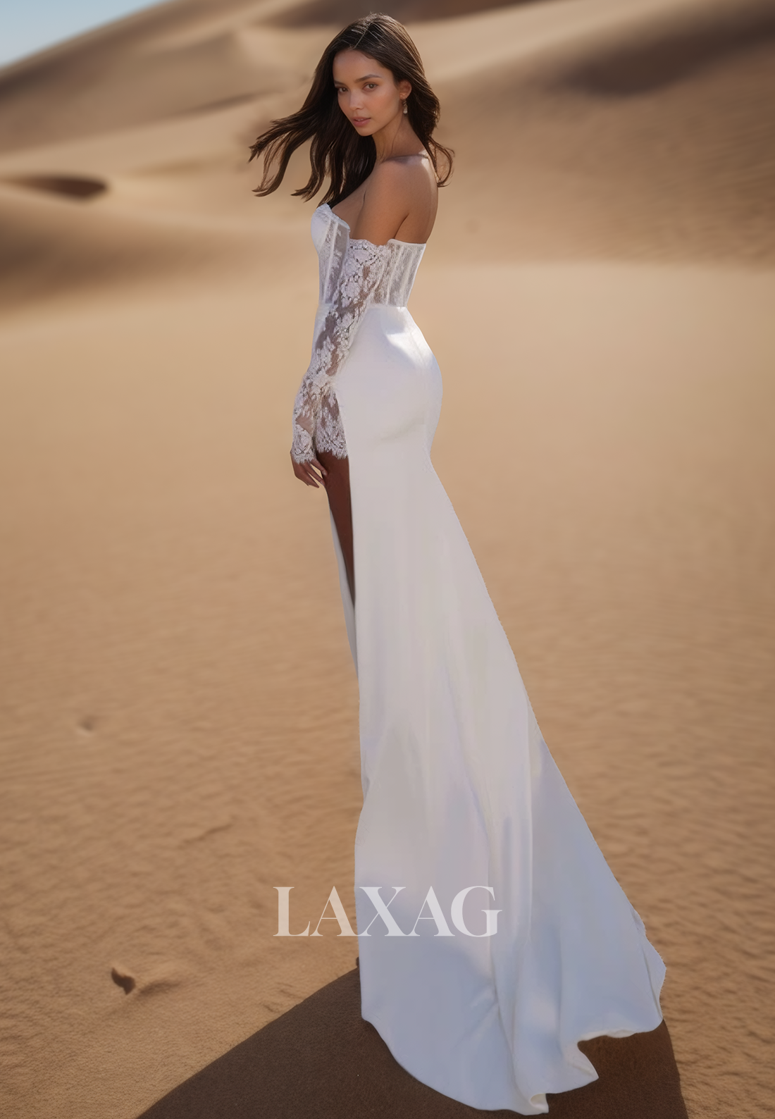 Sweetheart Off-Shoulder Long-Sleeves Lace Applique Pleated Sweep Train Satin Wedding Dress with High Slit