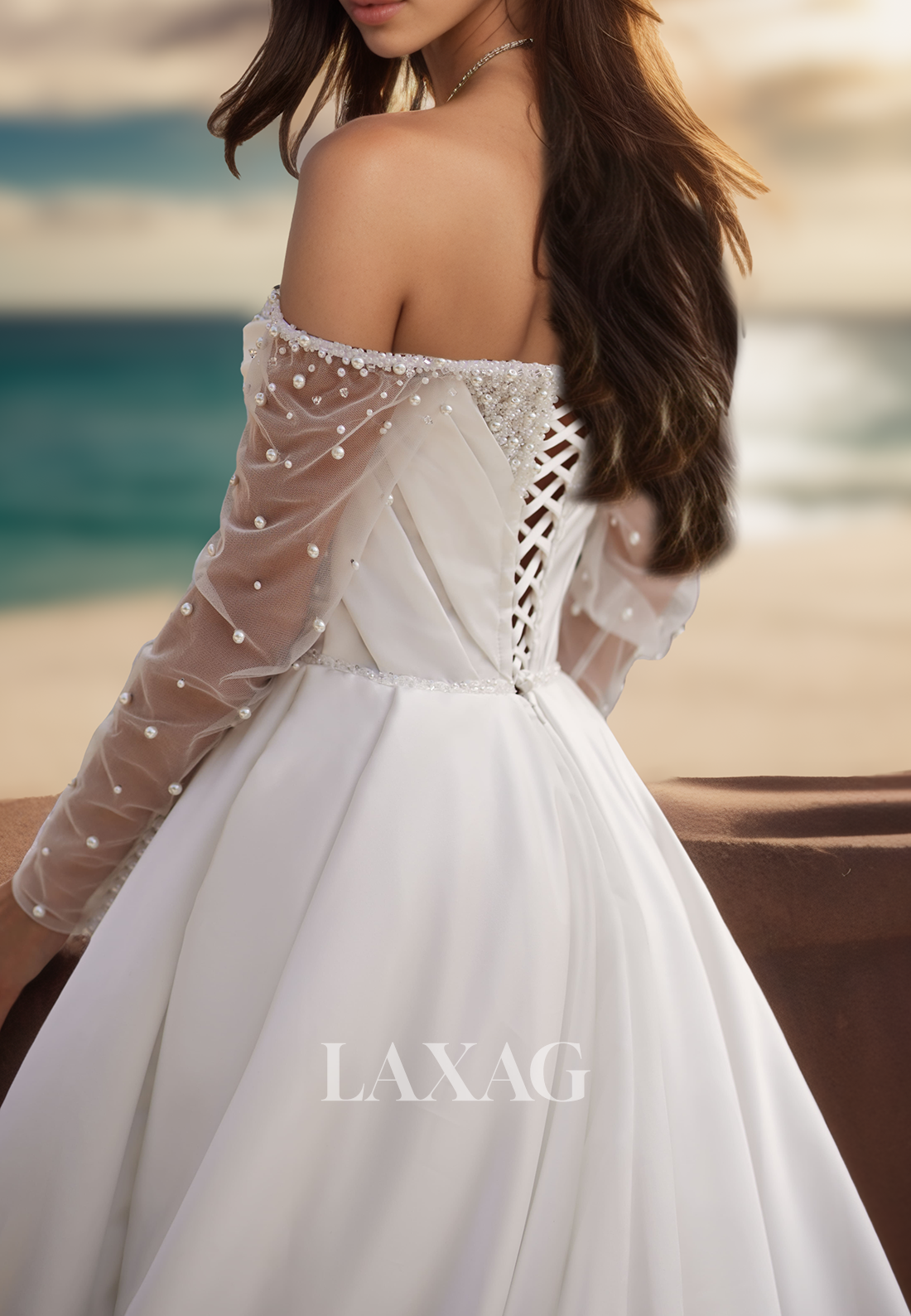 Beaded Sequined Pleated Sheer Bride Gowns Sweetheart Tulle-Long-Sleeves A-Line Wedding Dress