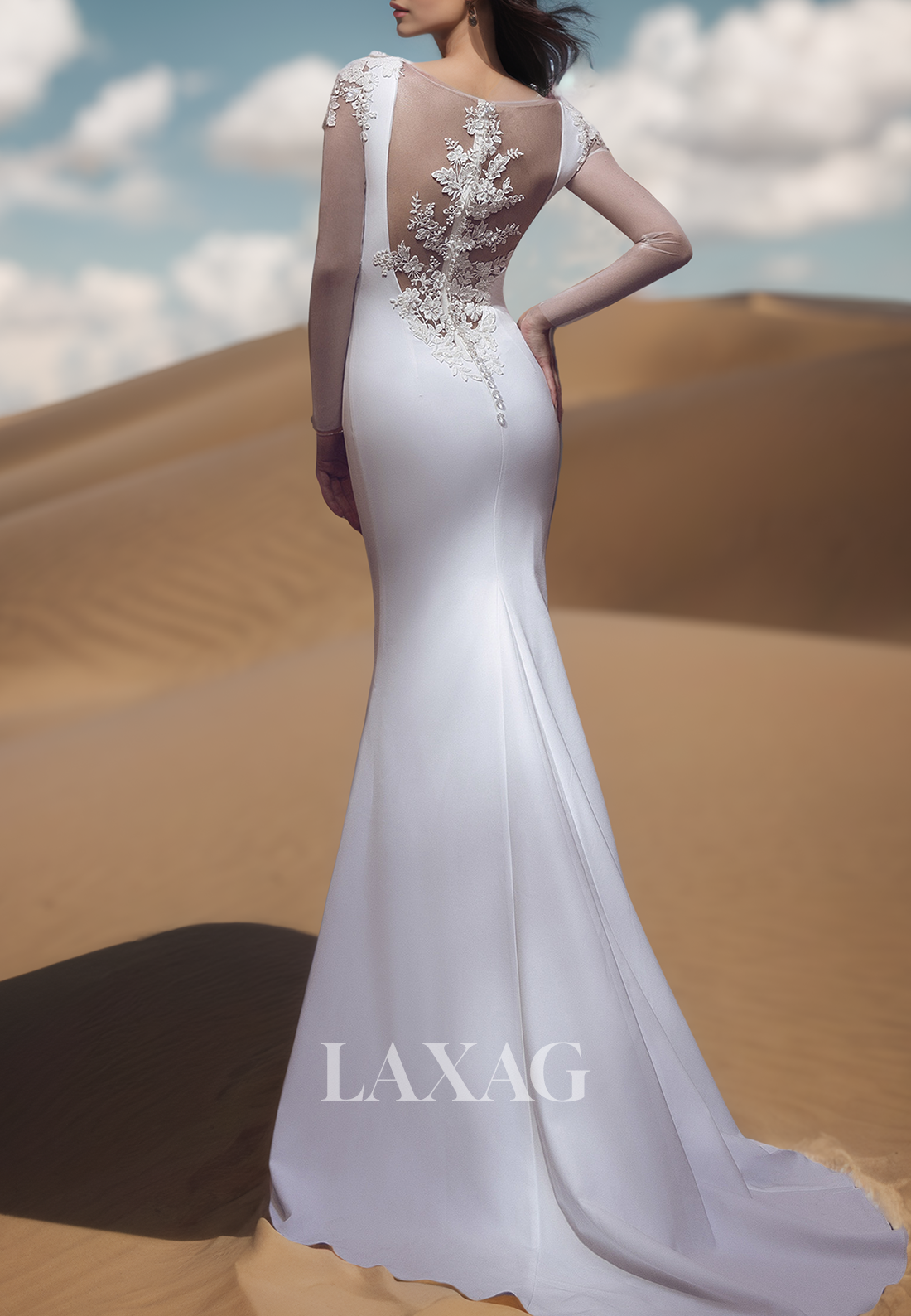 Scoop-Neck Tulle-Long-Sleeves Sheer Bride Gowns Beaded Lace Applique Mermaid Wedding Dress