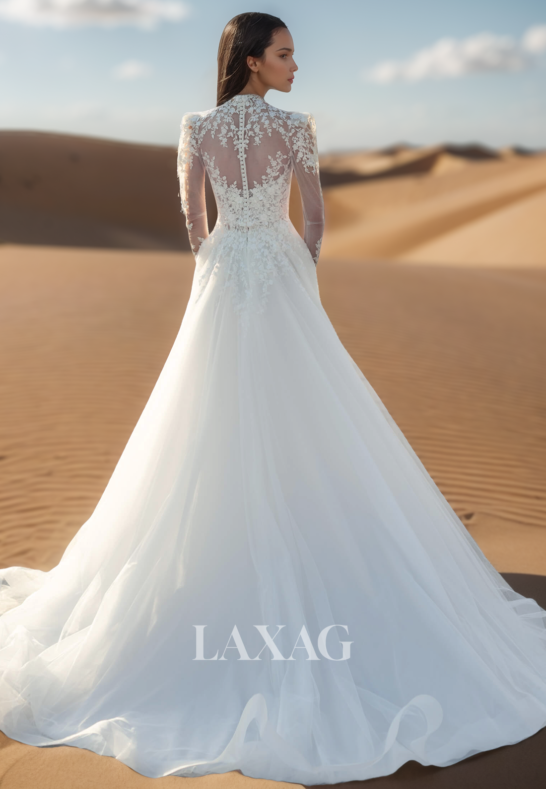High-Neck Long-Sleeves Lace Applique Pleated Sheer Tulle A-Line Wedding Dress with Train