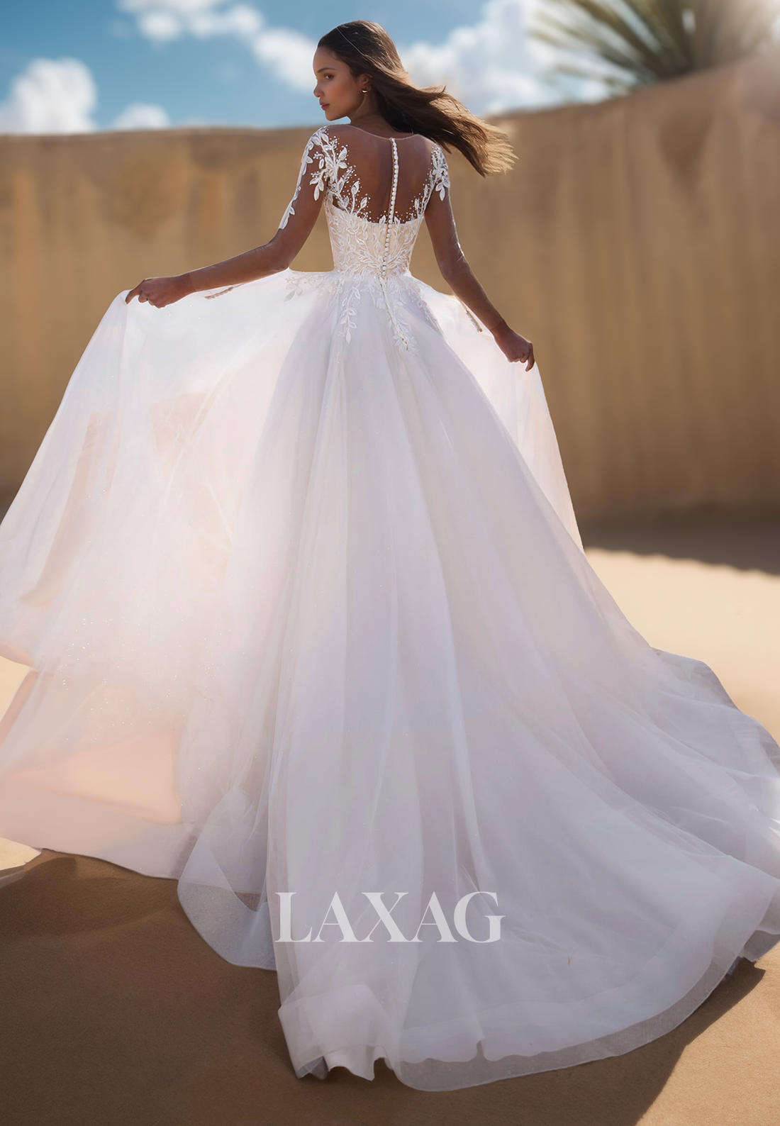 V-Neck Sheer-Long-Sleeves Tulle A-Line Wedding Dress Beaded Applique Pleated Bride Gowns