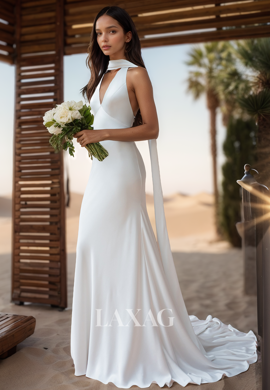 Halter Deep V-Neck Off-Shoulder Satin Bride Gowns Sweep Train Satin Mermaid Wedding Dress Halter Deep V-Neck Off-Shoulder Satin Bride Gowns Sweep Train Satin Mermaid Wedding Dress