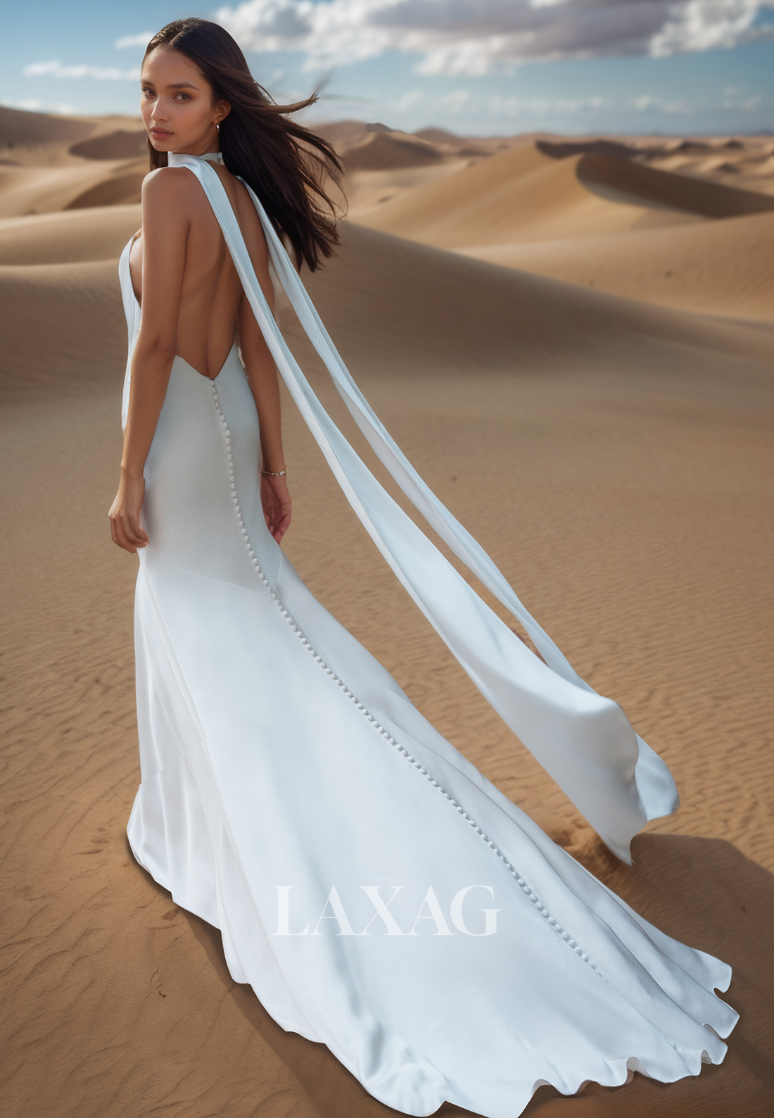 Halter Deep V-Neck Off-Shoulder Satin Bride Gowns Sweep Train Satin Mermaid Wedding Dress