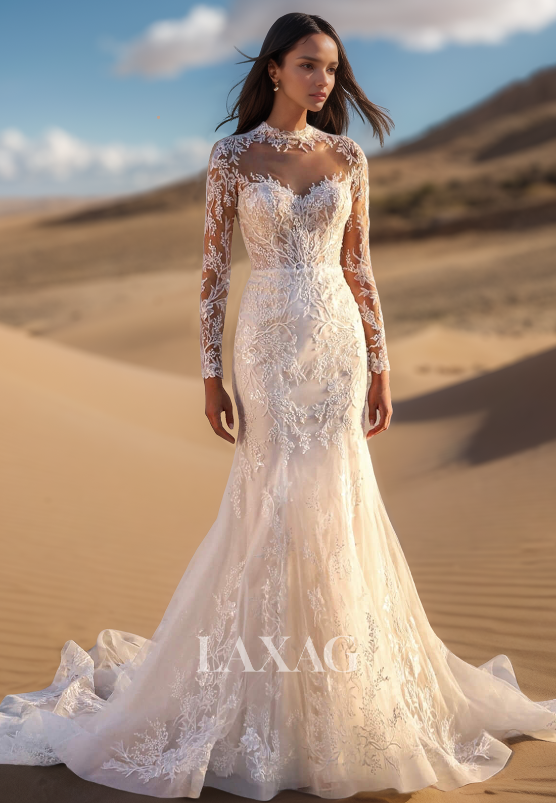 High-Neck Long-Sleeves Mermaid Wedding Dress Beaded Applique Pleated T –  Laxag