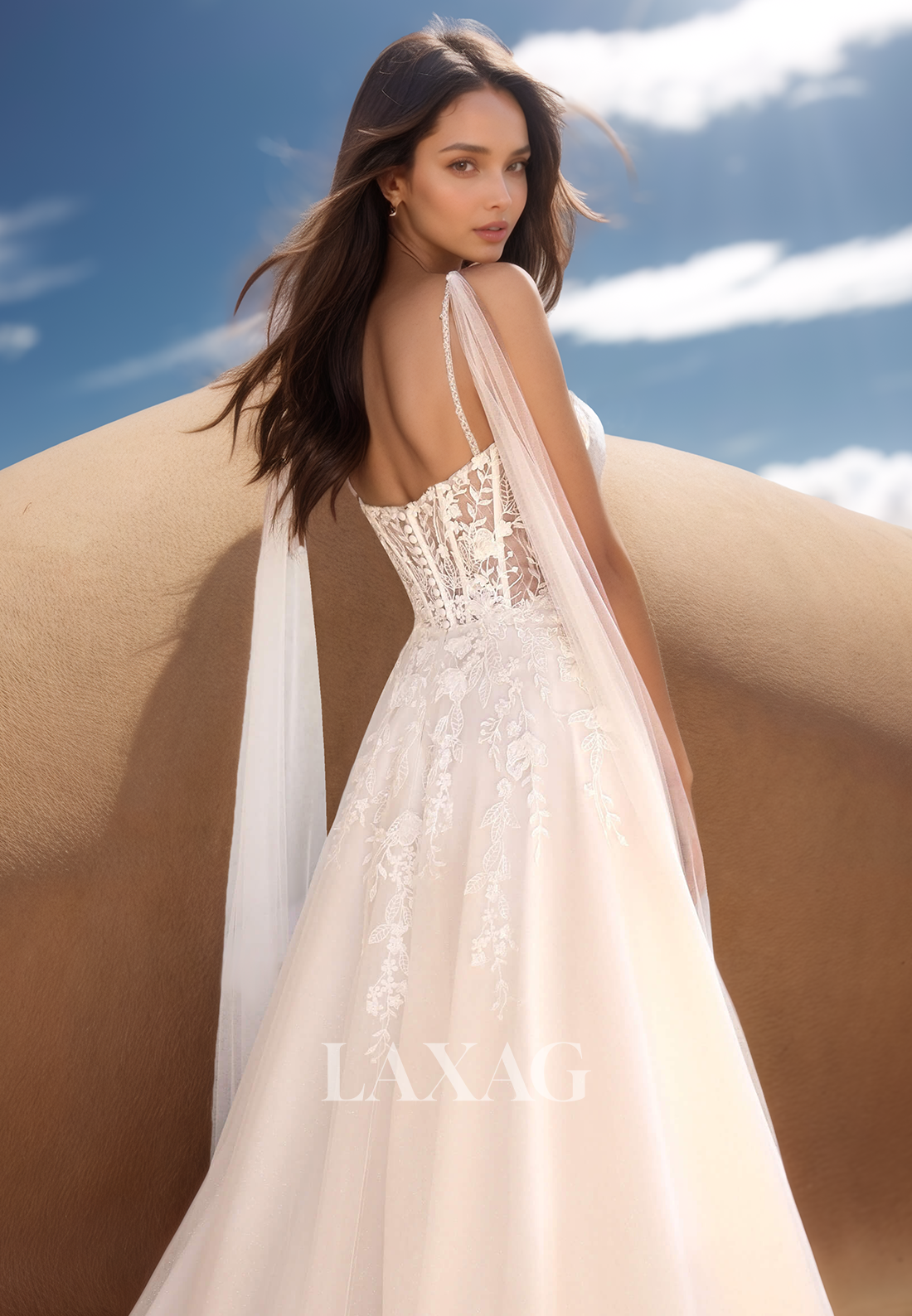 Sweetheart Spaghetti Straps Lace Applique Pleated Sheer Tulle A-Line Wedding Dress with High Slit