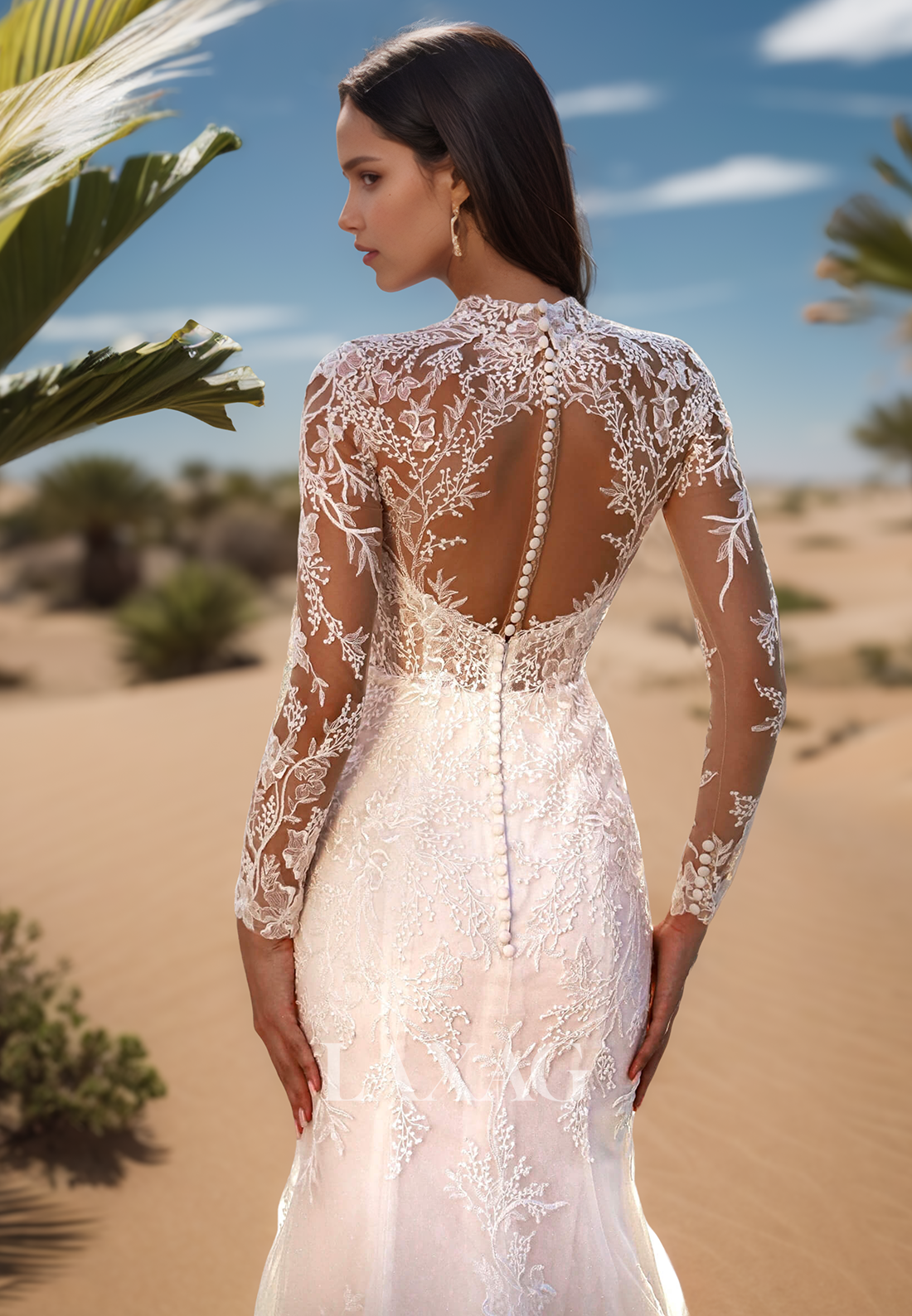 High-Neck Long-Sleeves Mermaid Wedding Dress Beaded Applique Pleated Tulle Bride Gowns with Sweep Train