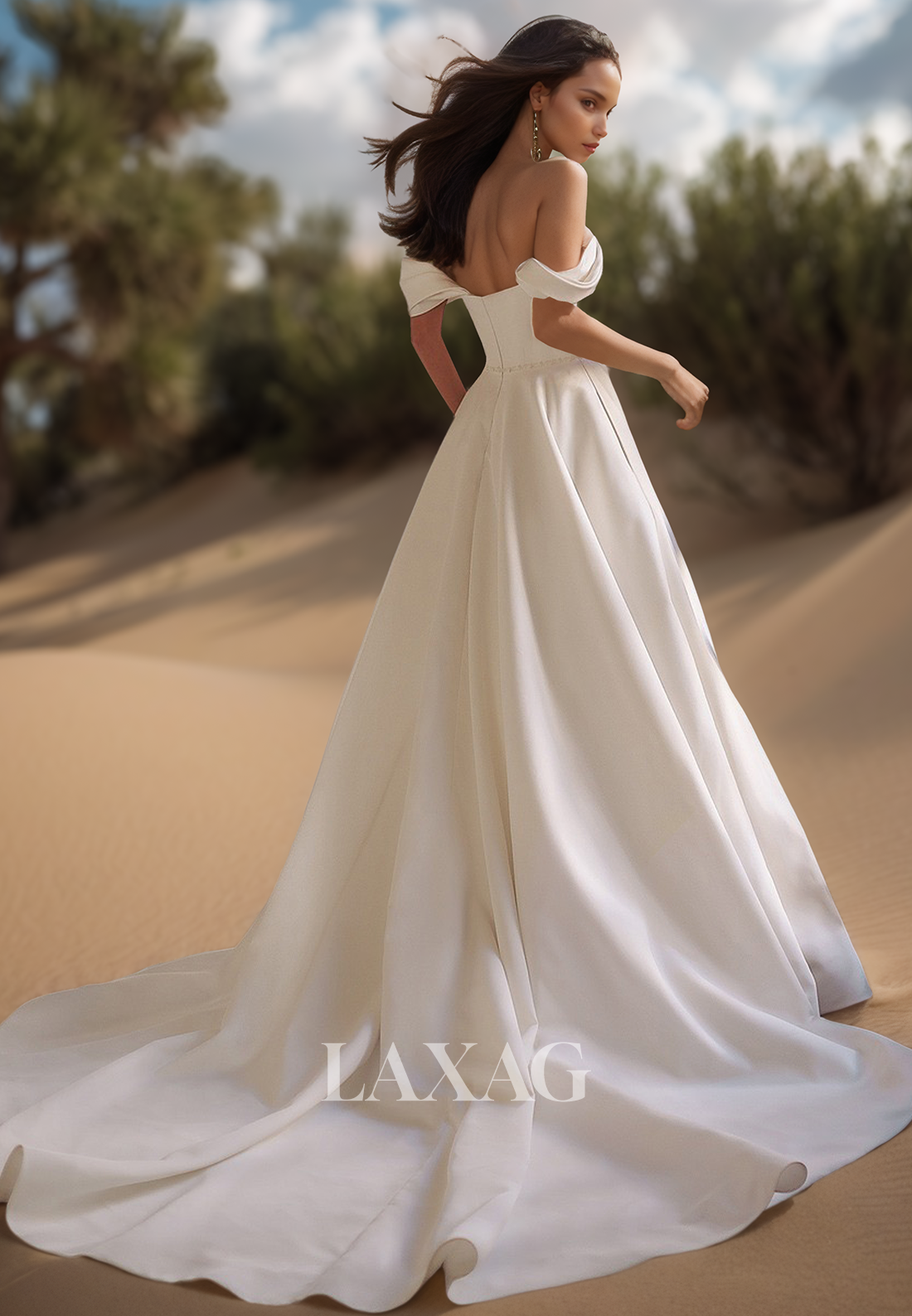 Simple Tube Top Off-Shoulder Sleeveless Beaded Pleated Satin A-Line Wedding Dress with Sweep Train