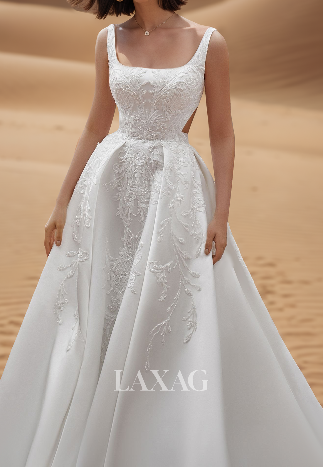 Square-Neck Spaghetti Straps Off-Shoulder Sleeveless Beaded Applique Pleated Satin A-Line Wedding Dress