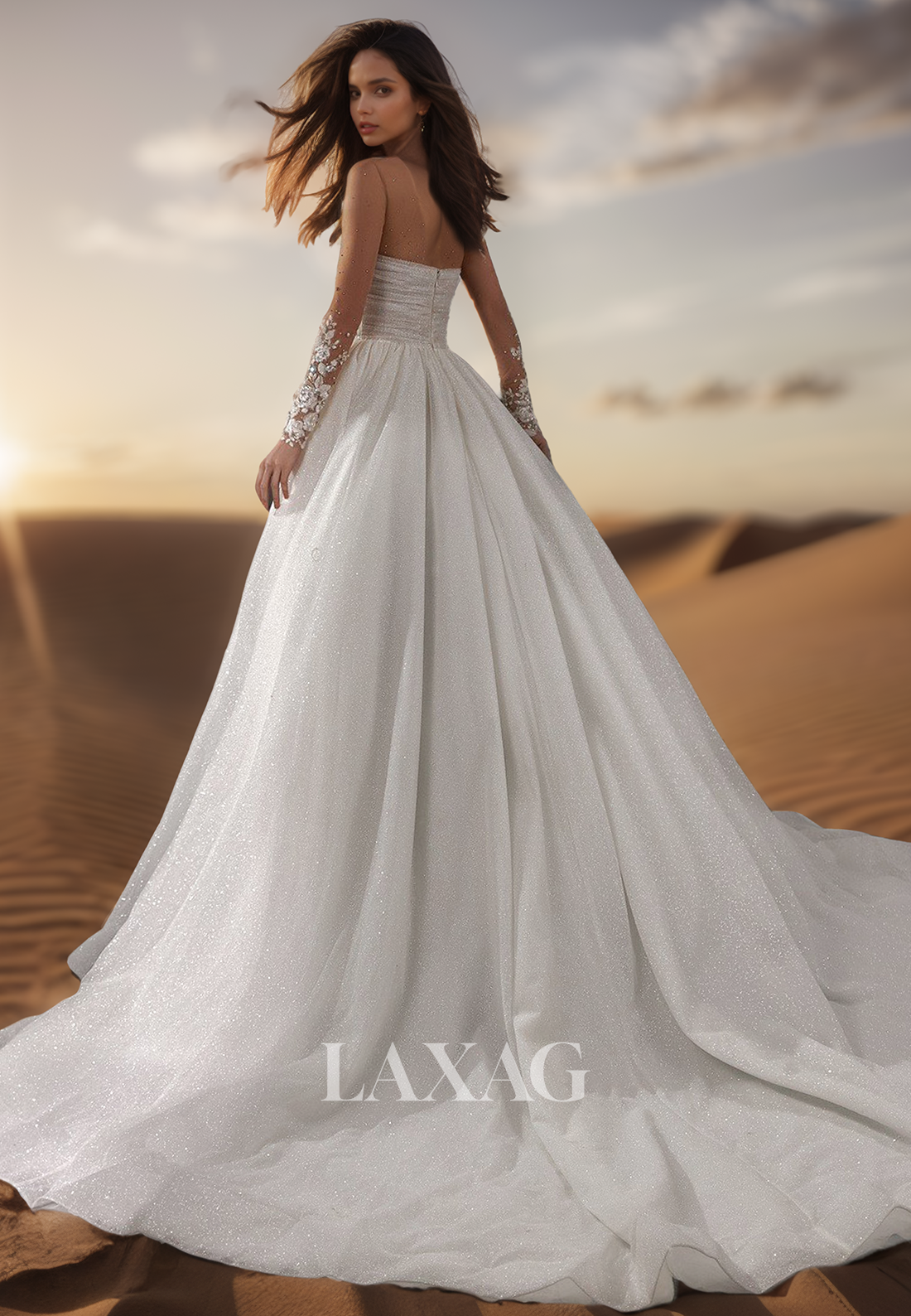 Scoop-Neck Beaded Sequined Applique Bride Gowns Long-Sleeves Glitter-Tulle Pleated A-Line Wedding Dress