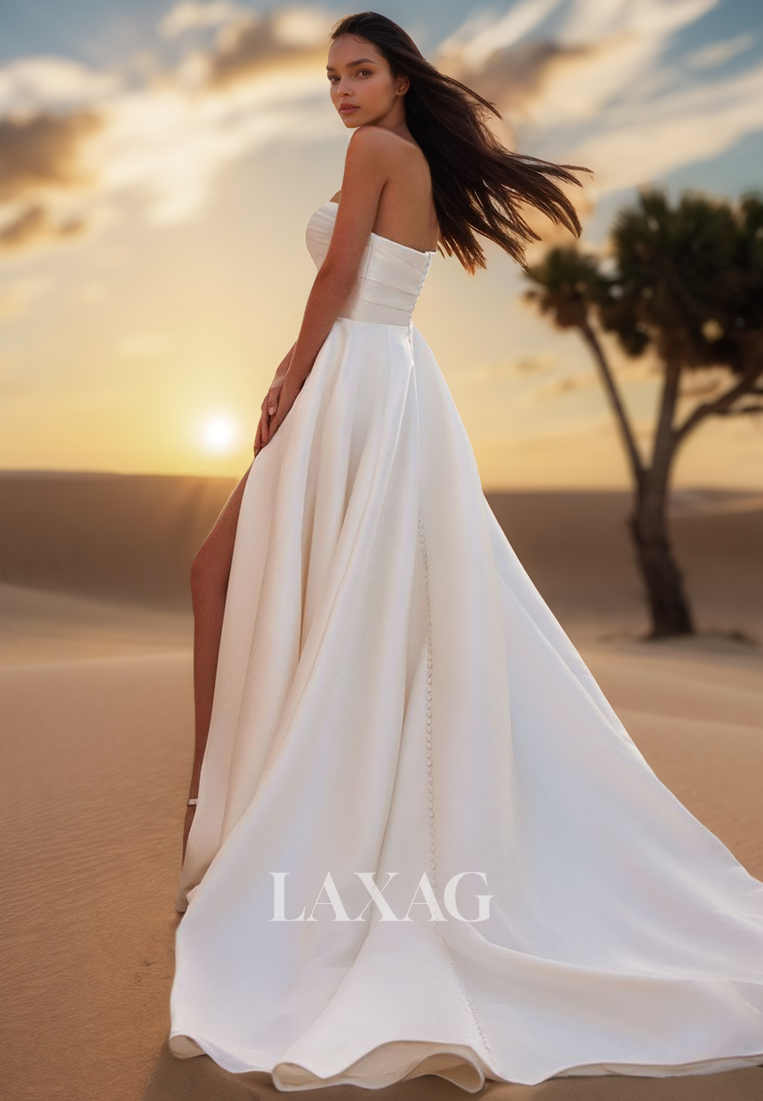 Simple Tube Top Off-Shoulder Sleeveless Pleated Sweep Train Satin A-Line Wedding Dress with High Slit