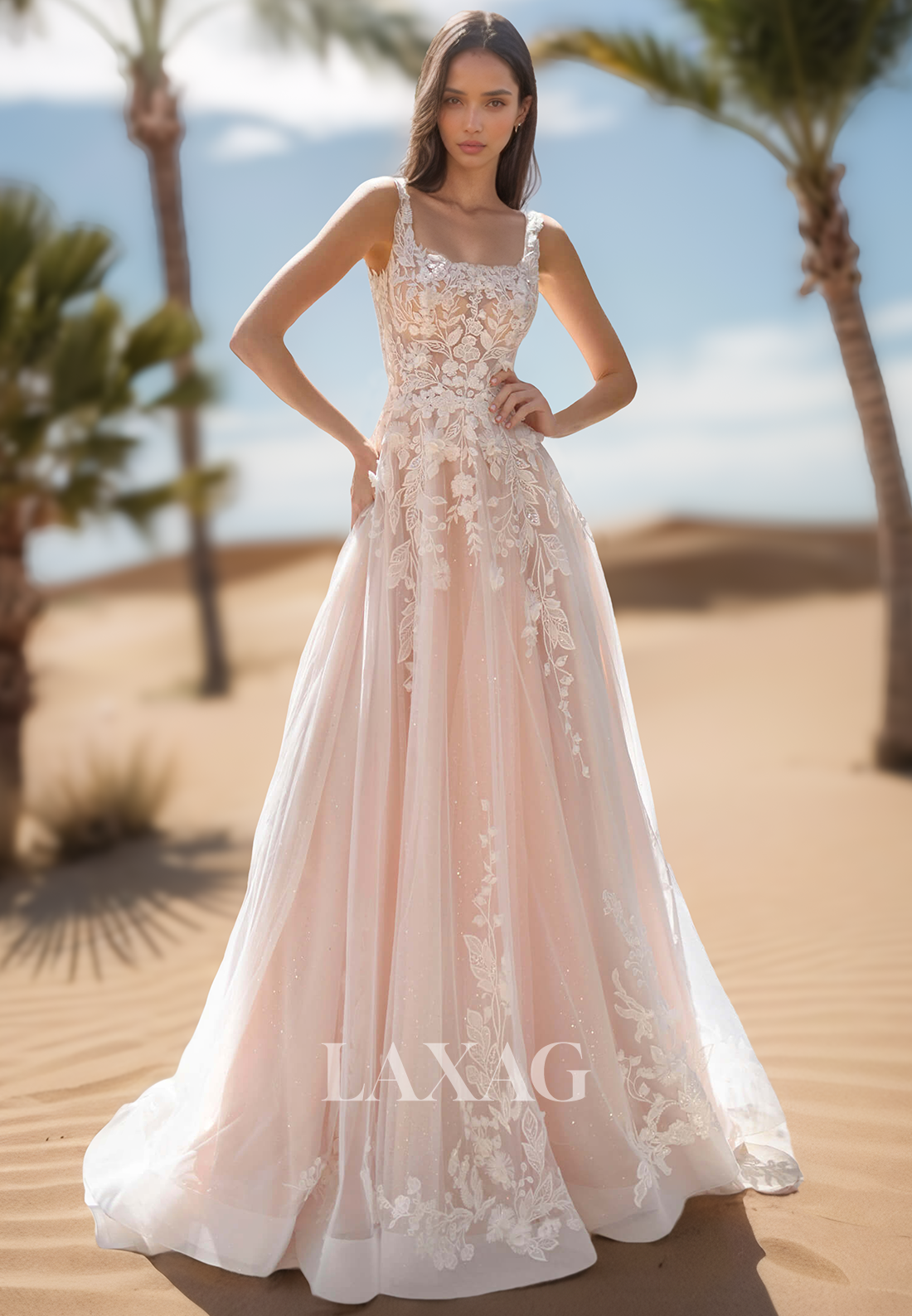 Square-Neck Straps Sleeveless Tulle Bride Gowns Off-Shoulder Applique