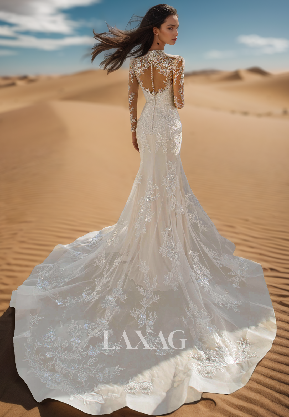 High-Sleeves Long-Sleeves Pleated Tulle Bride Gowns Beaded Applique Sweep Train Mermaid Wedding Dress