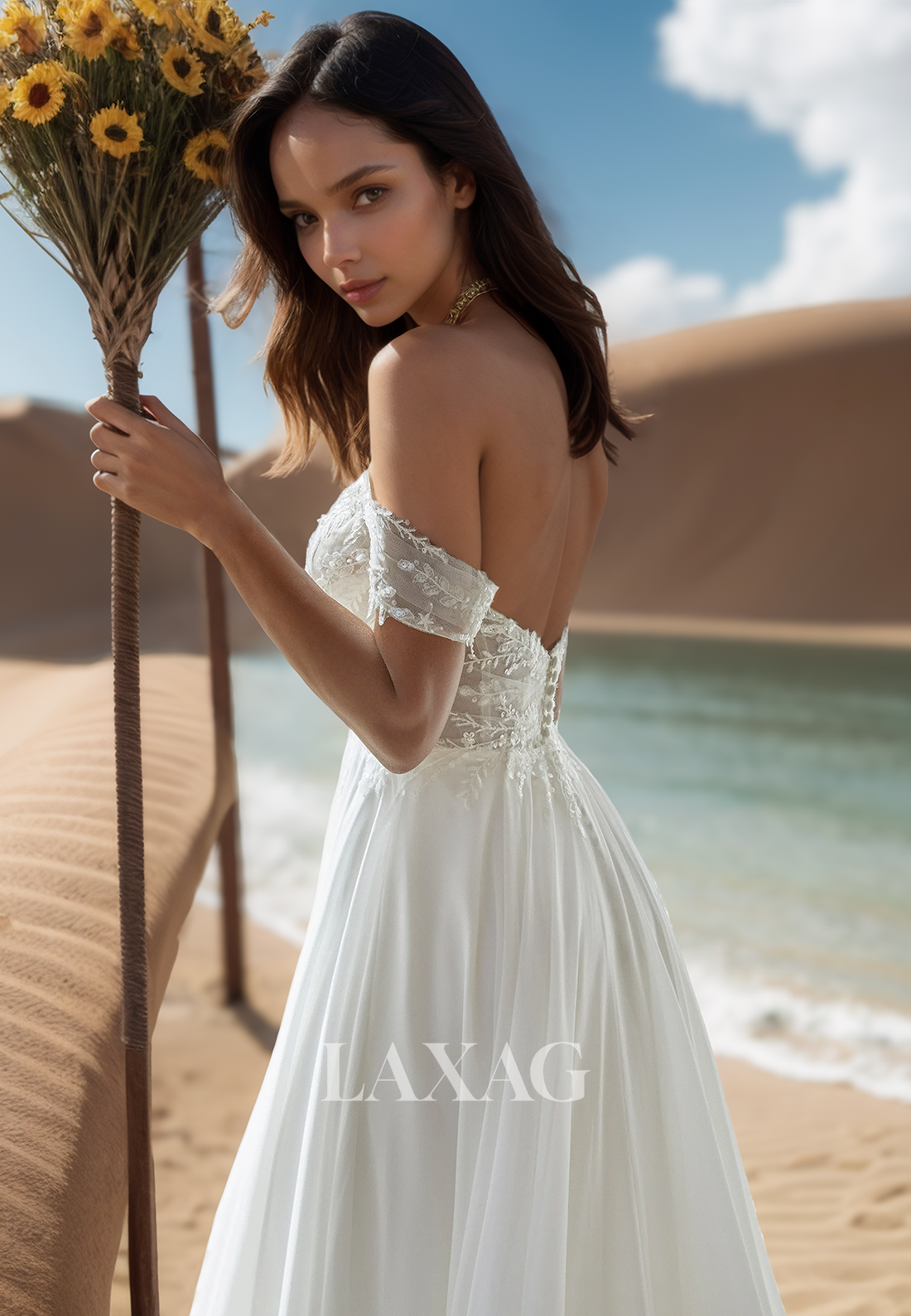 Sweetheart Off-Shoulder Sleeveless Fitted Wedding Dress Applique Beaded High Slit Chiffon Bride Gowns