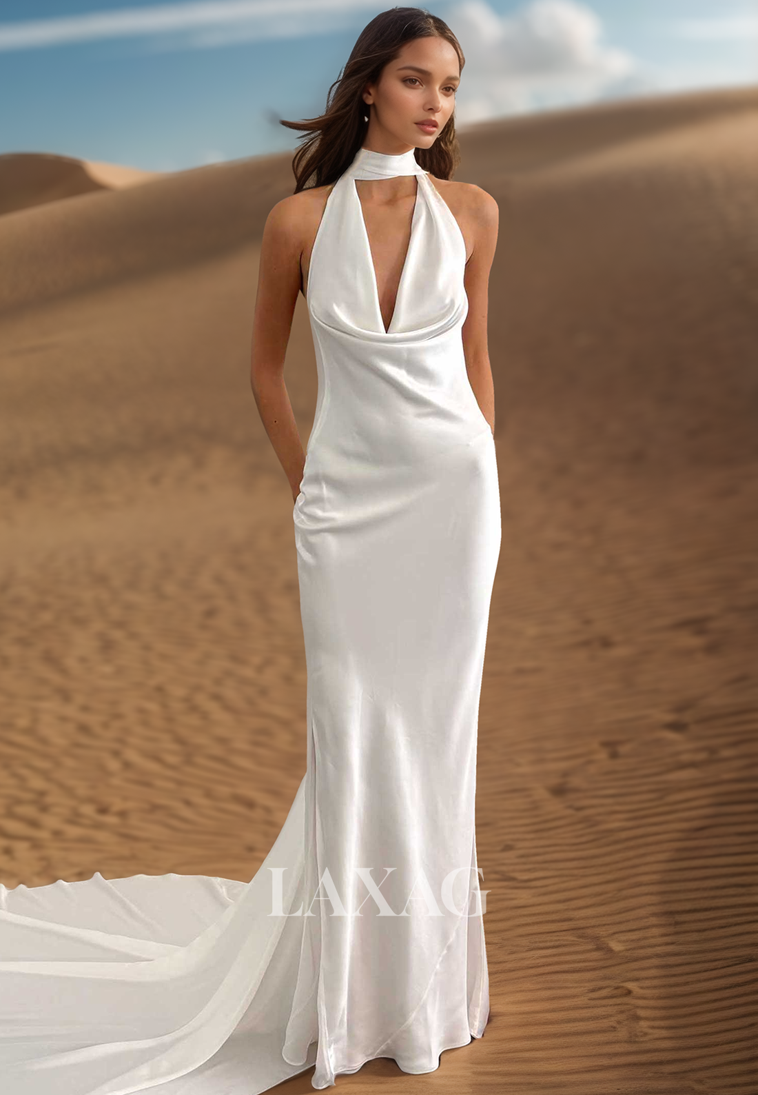 Halter Deep V-Neck Off-Shoulder Sleeveless Mermaid Wedding Dress Pleated Sweep Train Bride Gowns Halter Deep V-Neck Off-Shoulder Sleeveless Mermaid Wedding Dress Pleated Sweep Train Bride Gowns