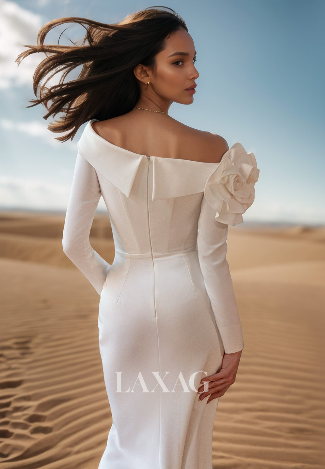 Asymmetrical-Neck Long-Sleeves Mermaid Wedding Dress Pleated Satin Bride Gowns with Floral Embellished