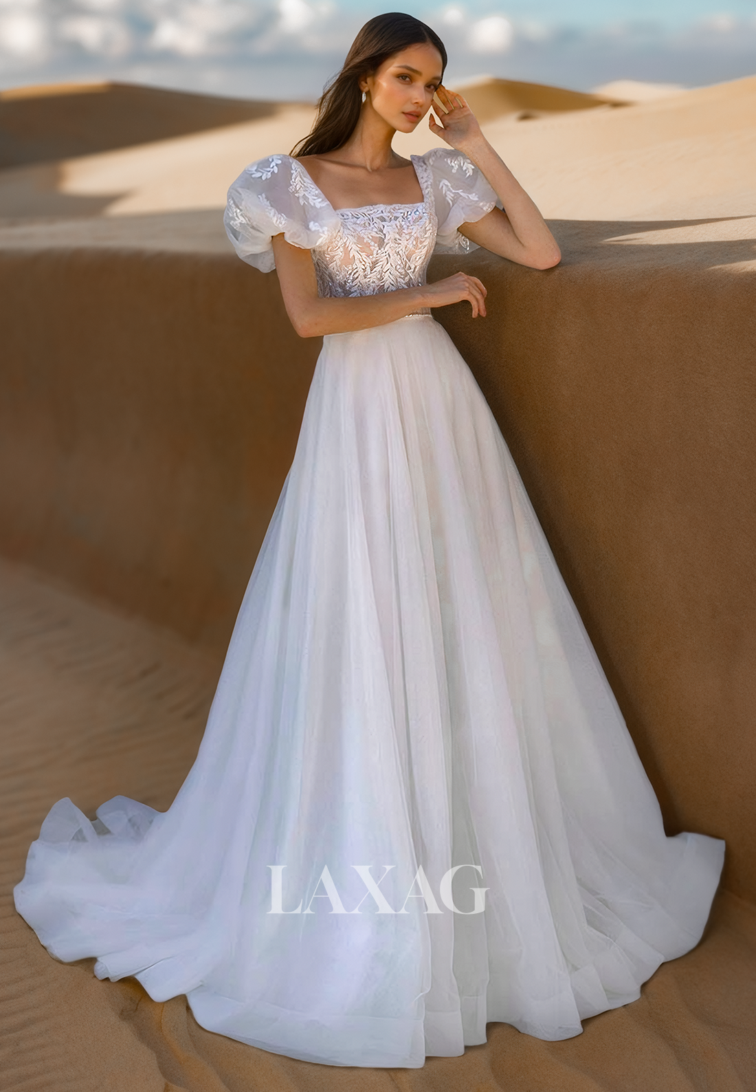 Square-Neck Puff-Sleeves A-Line Wedding Dress Beaded Applique Sequined Pleated Tulle Bride Gowns Square-Neck Puff-Sleeves A-Line Wedding Dress Beaded Applique Sequined Pleated Tulle Bride Gowns
