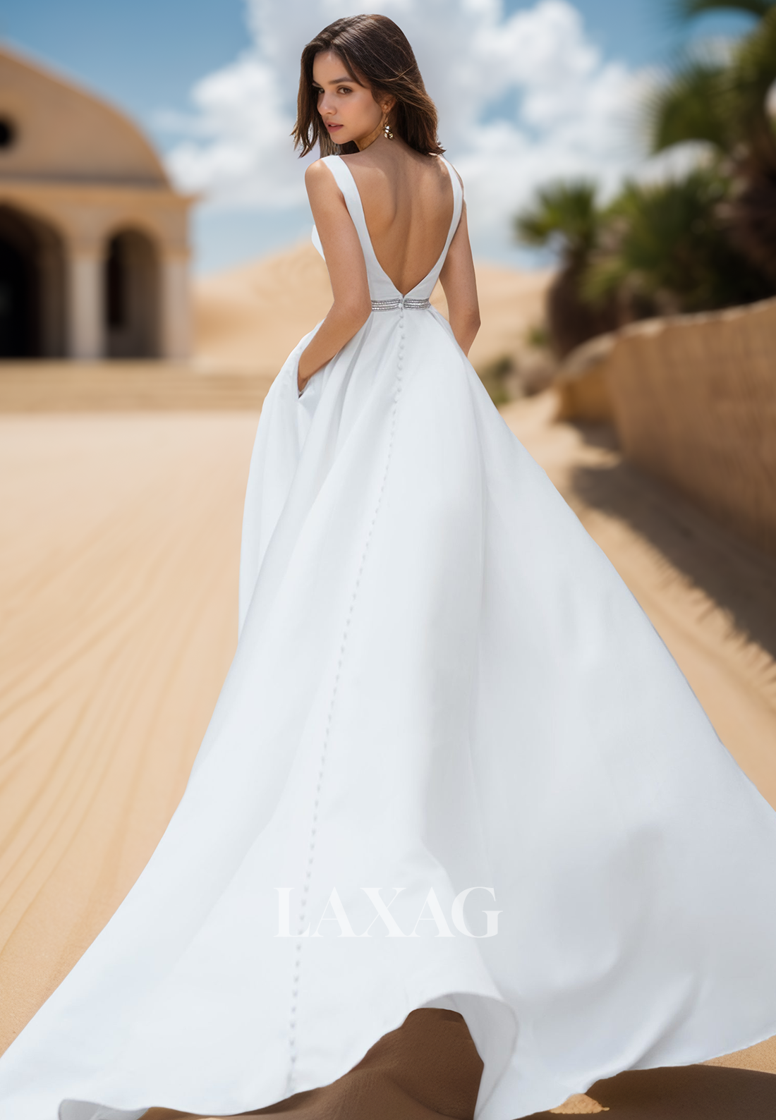A-Line Deep V-Neck Straps Sleeveless Wedding Gowns Off-Shoulder Beaded Pleated Satin Bride Gowns