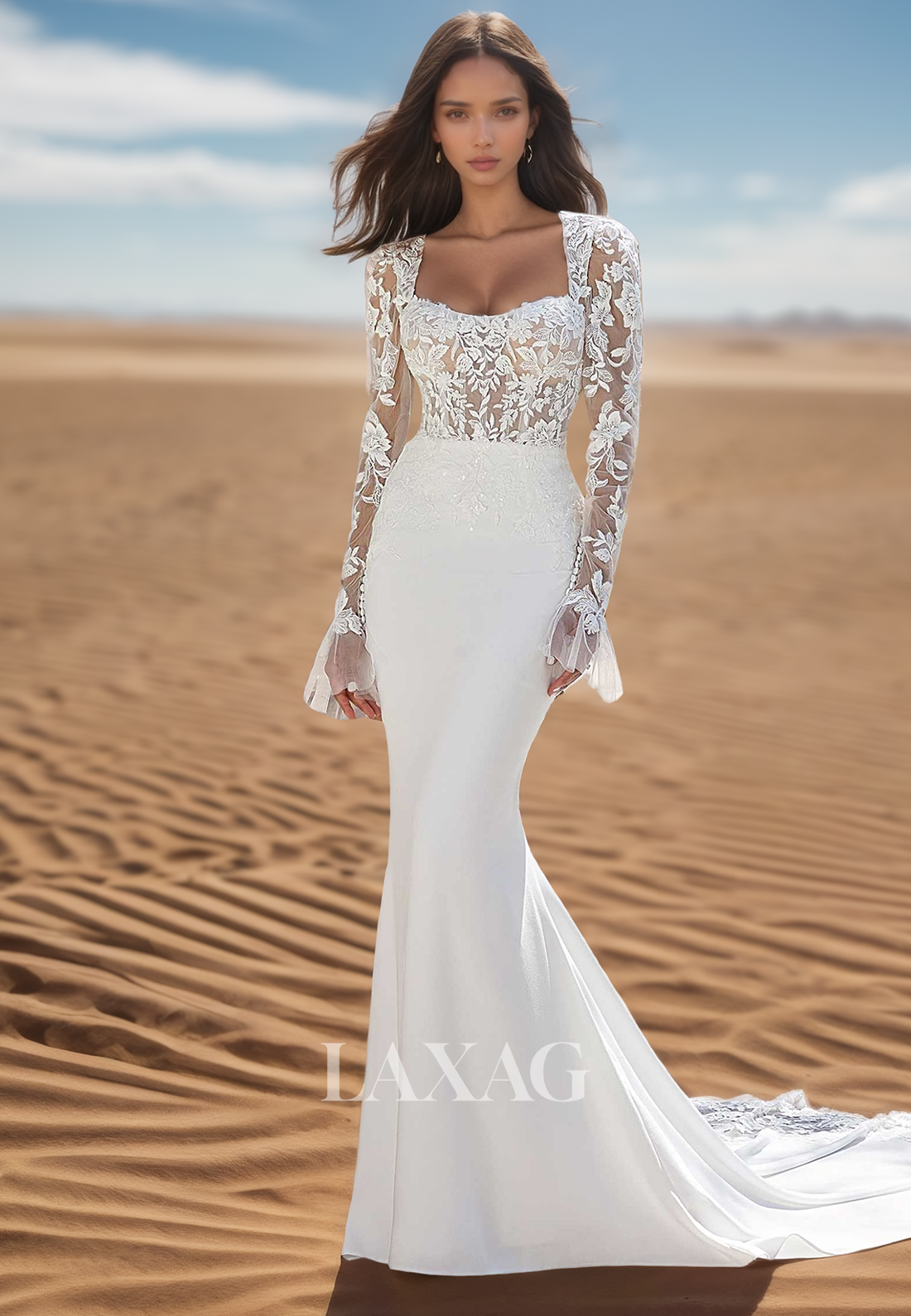 Square-Neck Long-Sleeves Tulle&Satin Bride Gowns Lace Applique Sequine Laxag Square-Neck Long-Sleeves Tulle&Satin Bride Gowns Lace Applique Sequine Laxag