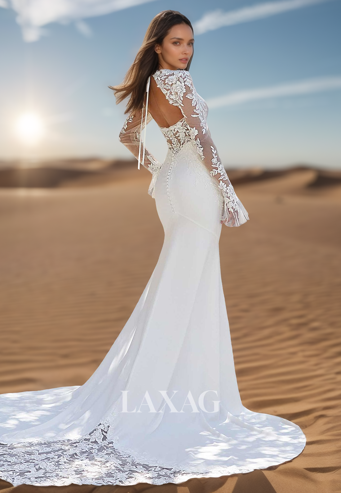 Square-Neck Long-Sleeves Tulle&Satin Bride Gowns Lace Applique Sequined Mermaid Wedding Dress