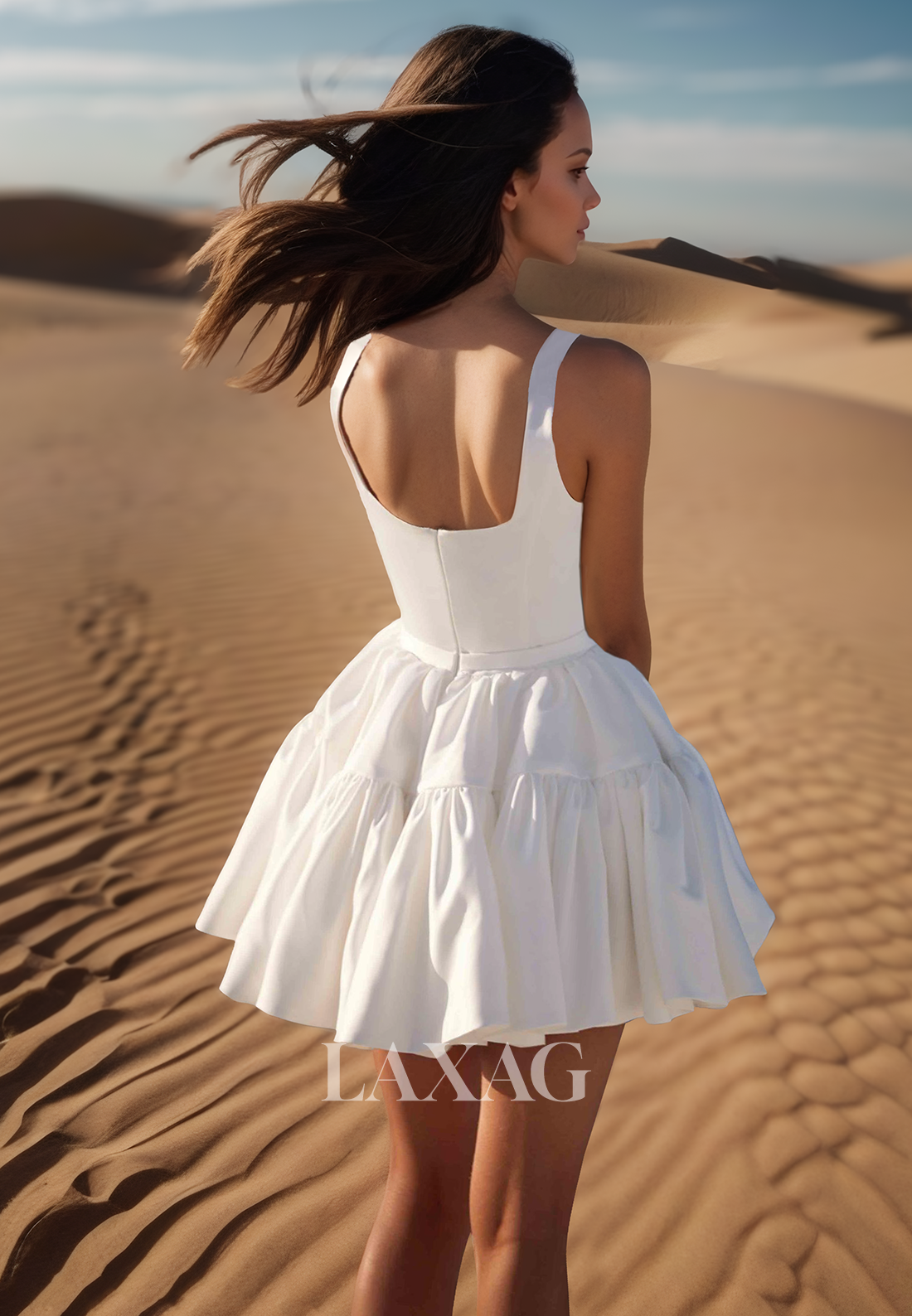 Off-Shoulder Square-Neck Straps Sleeveless Pleated Satin Short A-Line Boho Beach Wedding Dress