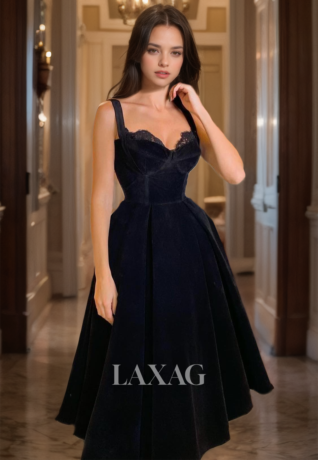 Sweetheart Black Velvet Prom Dress A-Line Sleeveless Tea-Length Long Party Gown
