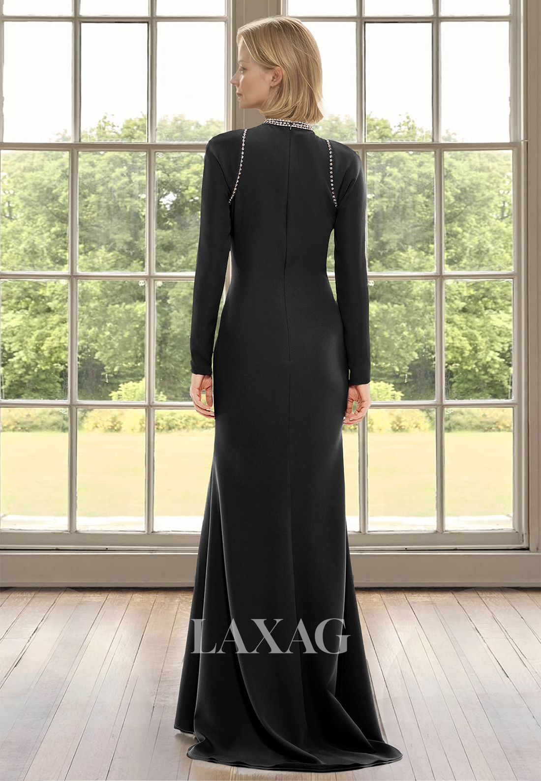 High Scoop-Neck Long-Sleeves Mermaid Mother of the Bride Dress Beaded Floor Length Satin Cocktail Gowns