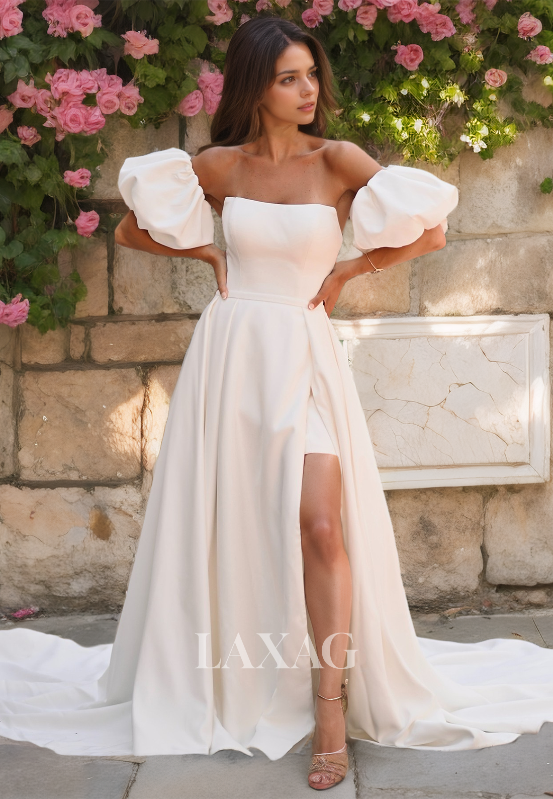 Pleated Satin A-Line High Slit Square Sleeveless Detachable Strapless Wedding Dress Pleated Satin A-Line High Slit Square Sleeveless Detachable Strapless Wedding Dress