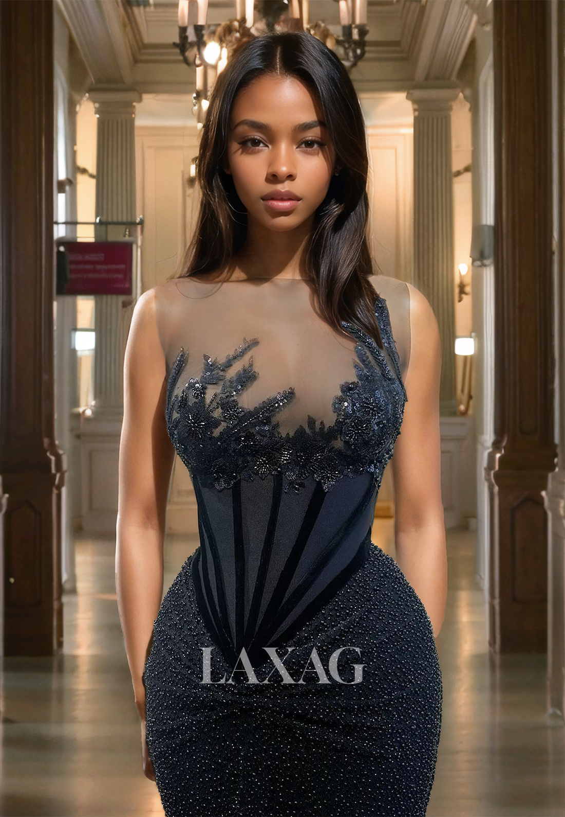 Off-Shoulder Sleeveless Sheer Mermaid Prom Dress Fully Beaded Floor-Length Formal Party Gowns