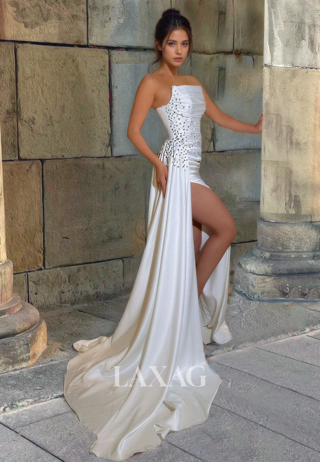 Tube Top Sleeveless Beaded Mermaid Formal Gowns Satin Pleated Slit with Train Prom Dress