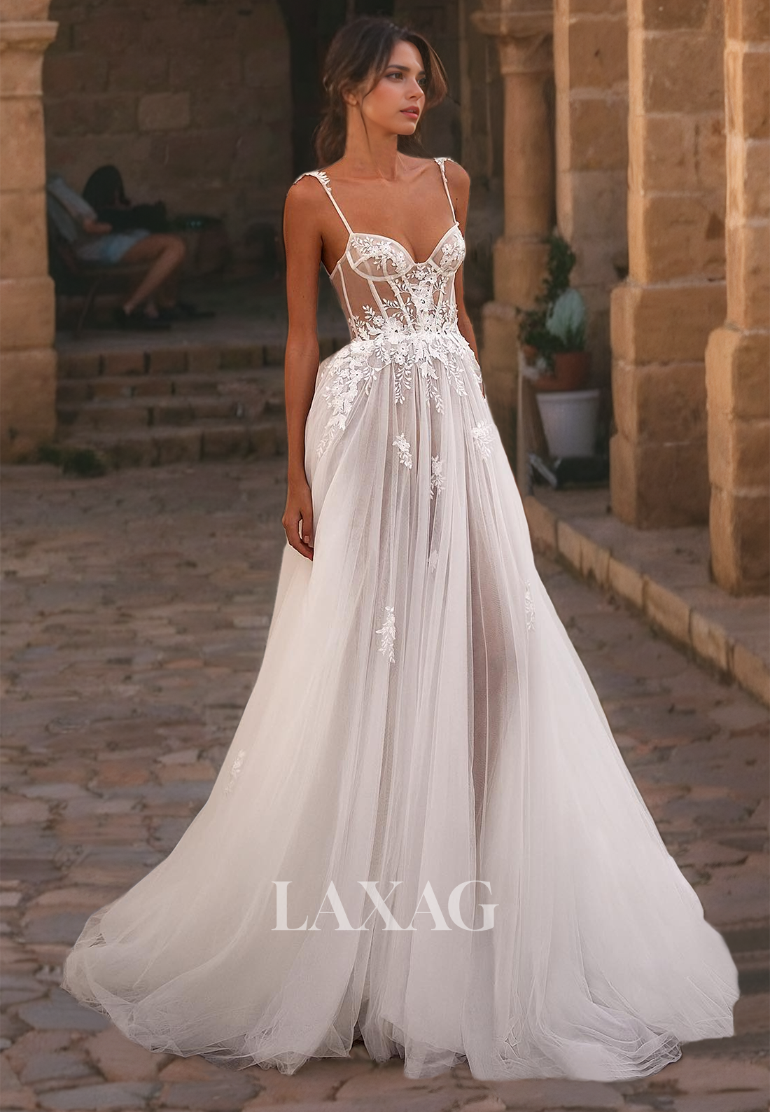 Sweetheart Sleeveless Applique Tulle Sheer A-Line Beach Wedding Dress